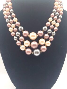 Vintage Multi Color Pearl Necklace 3 Tier Layered Choker Purple Gray Cream